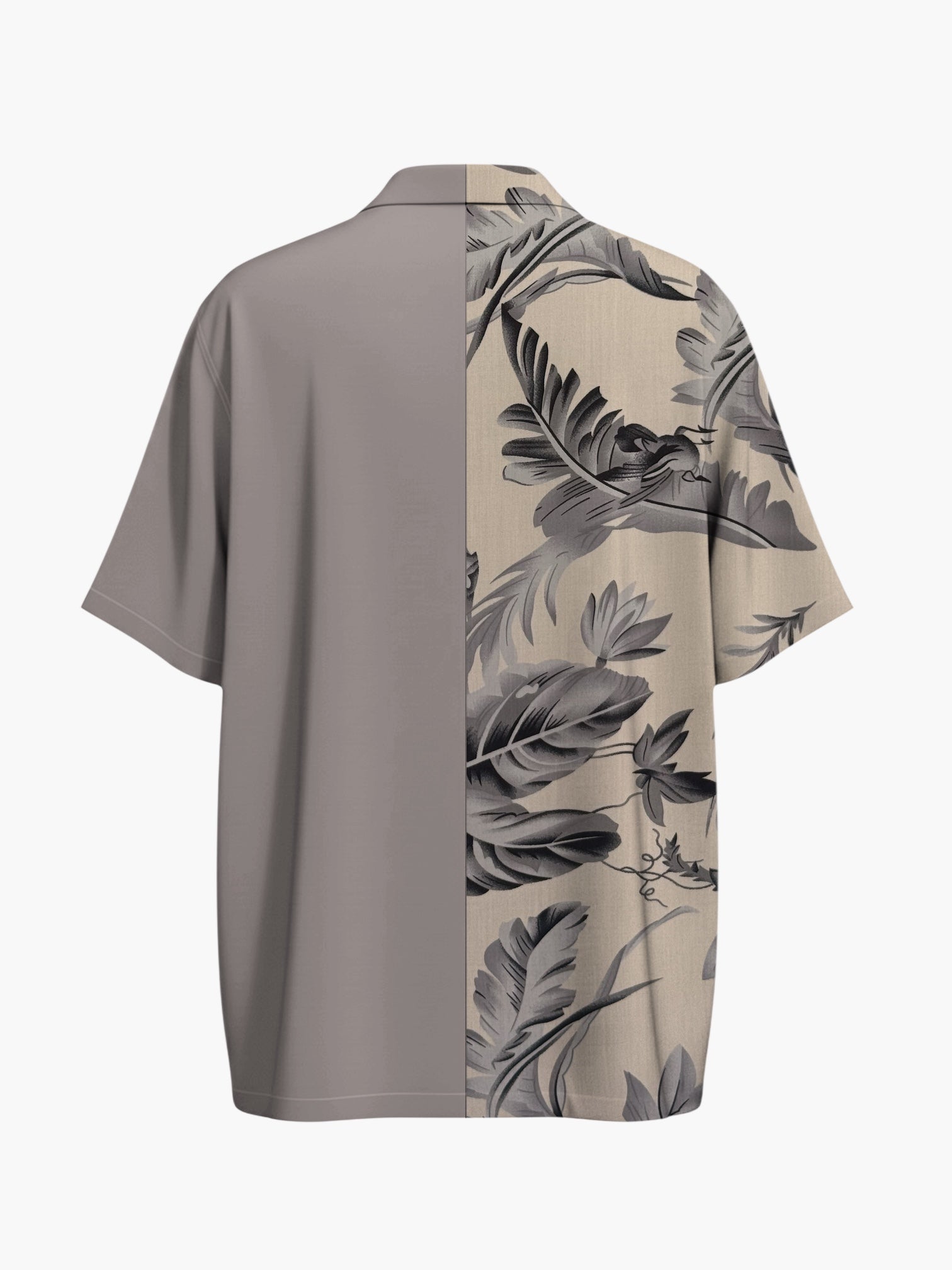 Atsignatsign Official unisex oversized Hawaiian shirt in grey and beige with a black floral print, made of 100% rayon with wood buttons.