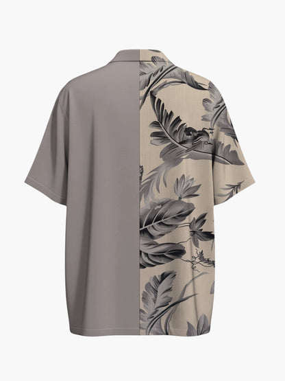 Atsignatsign Official unisex oversized Hawaiian shirt in grey and beige with a black floral print, made of 100% rayon with wood buttons.