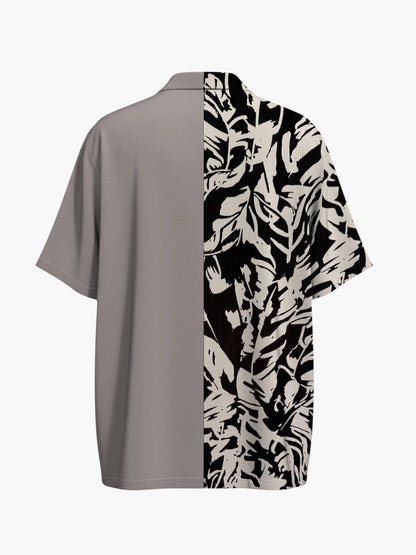Atsignatsign Official unisex oversized Hawaiian shirt in grey with a black and cream leaf print panel. 100% rayon.