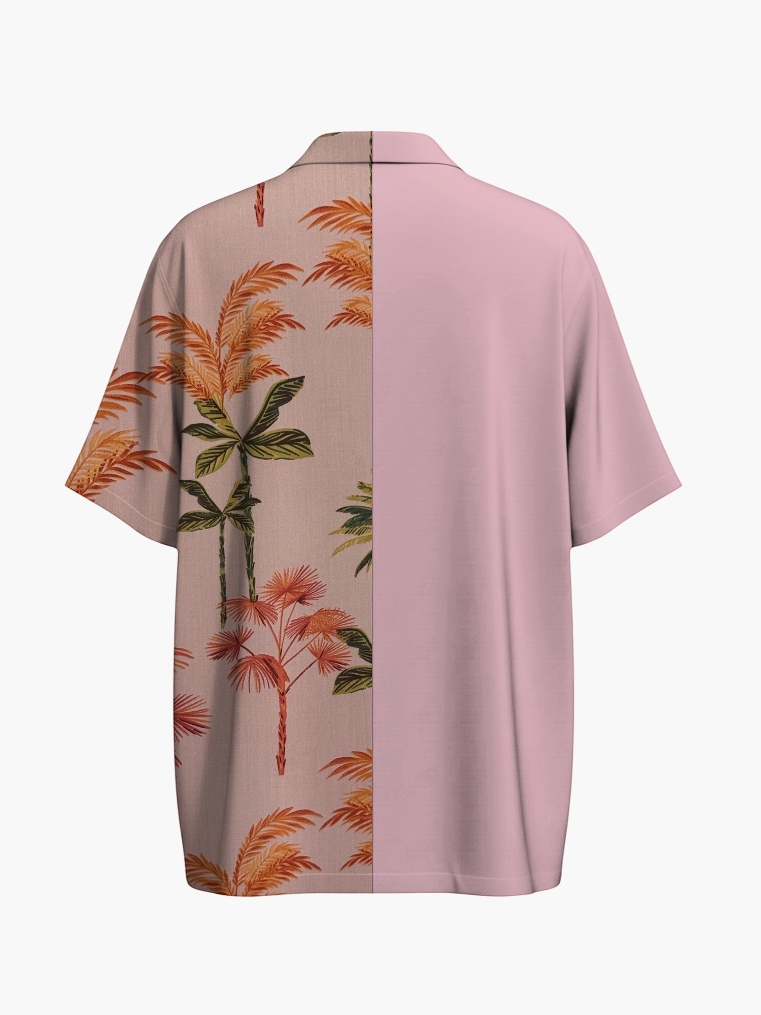 Atsignatsign Official unisex oversized Hawaiian shirt in pink with a split design: one half features a tropical palm tree print, the other is solid pink.