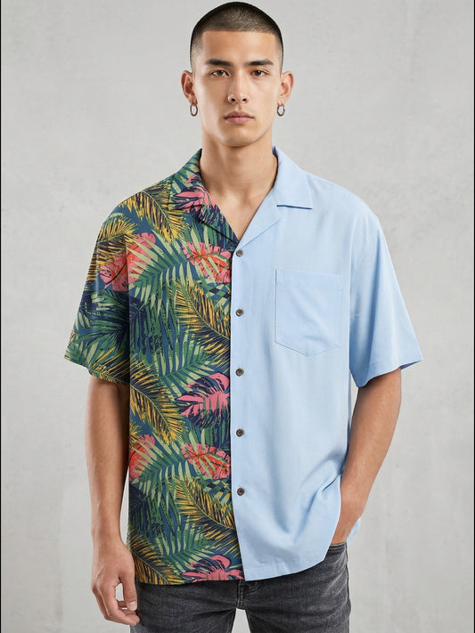 Atsignatsign Official unisex oversized Hawaiian shirt with split design: tropical print on left, solid light blue on right. 100% rayon.
