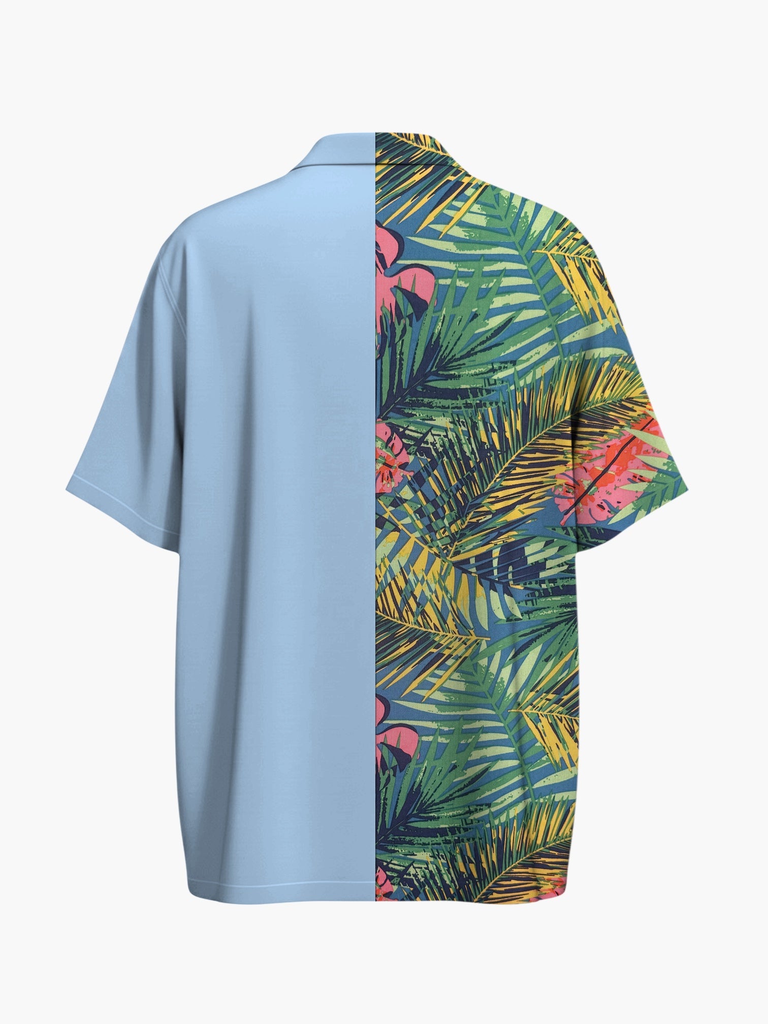 Atsignatsign Official unisex oversized Hawaiian shirt, half light blue, half tropical palm leaf and floral print, 100% rayon, wood buttons.