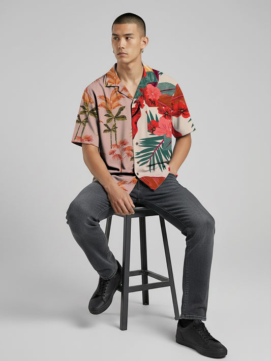 Atsignatsign Official oversized Hawaiian shirt with split design: palm trees on the left, tropical flowers on the right. 100% rayon.